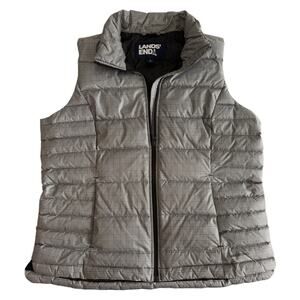 LANDS END Black White Micro‎ Gingham Down Puffer Vest Funnel Neck Preppy EUC Lg